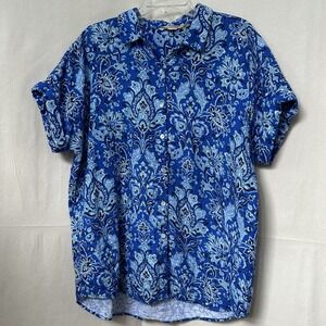 Soft Surroundings Paisley 100% Cotton Gauze Blue Je Veux Button Down Shirt Sz. L